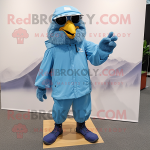 Sky Blue Crow mascot costume character dressed with a Windbreaker and Foot pads