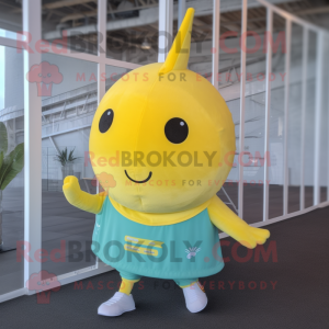 Lemon Yellow Narwhal mascot costume character dressed with a Running Shorts and Cummerbunds