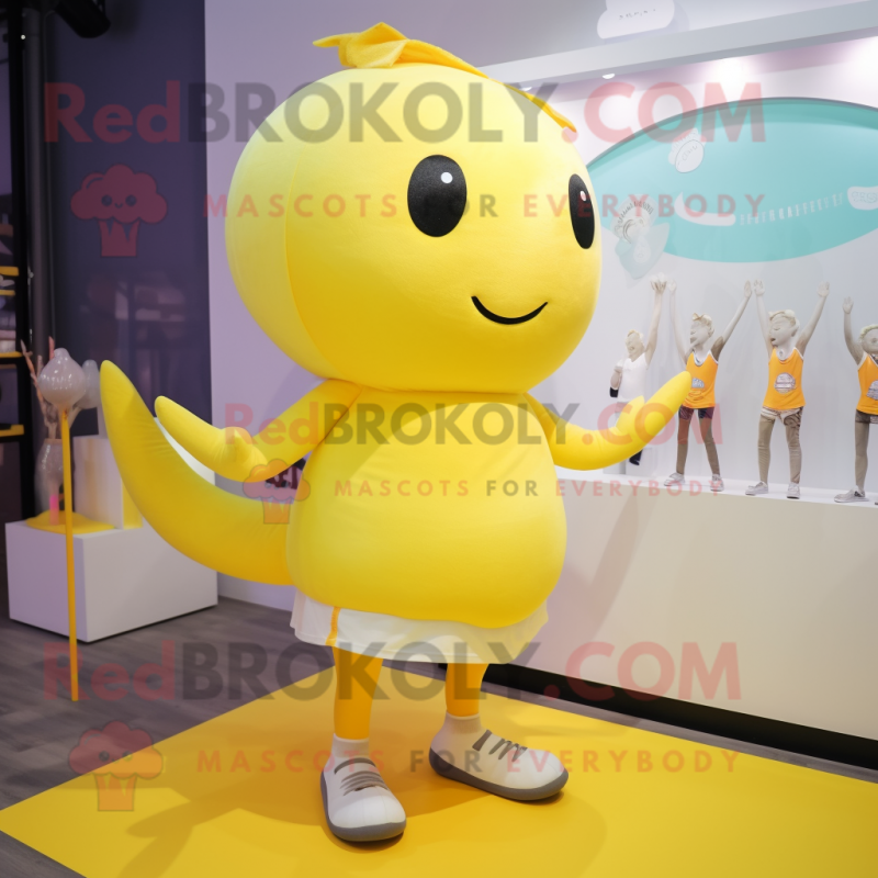 Lemon Yellow Narwhal mascot costume character dressed with a Running Shorts and Cummerbunds