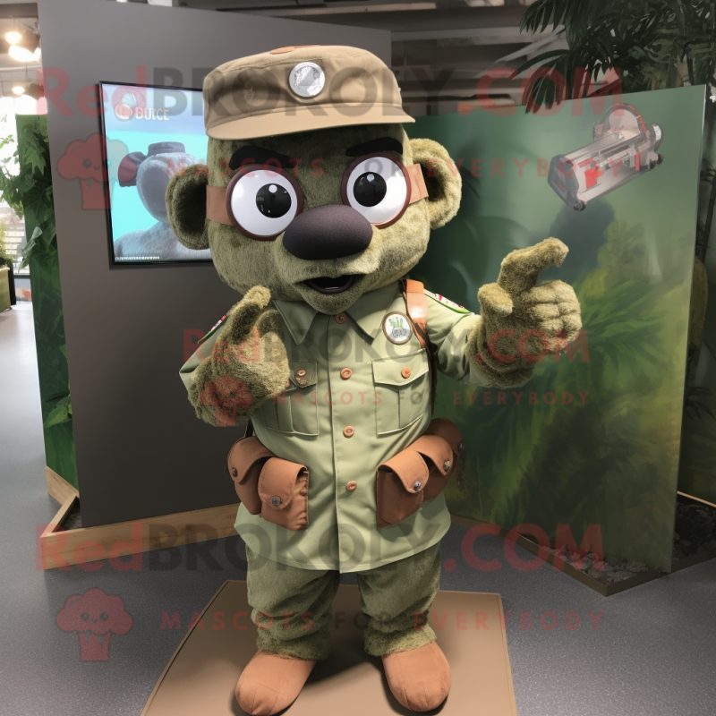 Brown Green Beret mascot costume character dressed with a Chambray