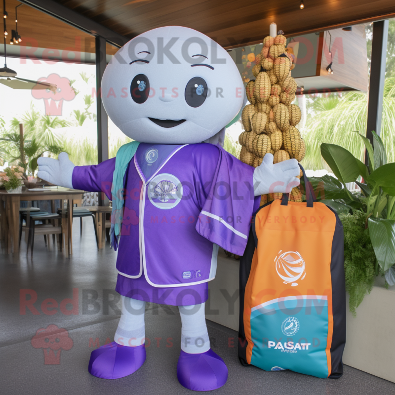 Lavender Pad Thai mascot costume character dressed with a Rash Guard and Tote bags