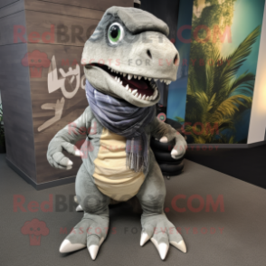 Gray T Rex mascot costume character dressed with a Bootcut Jeans and Scarf clips