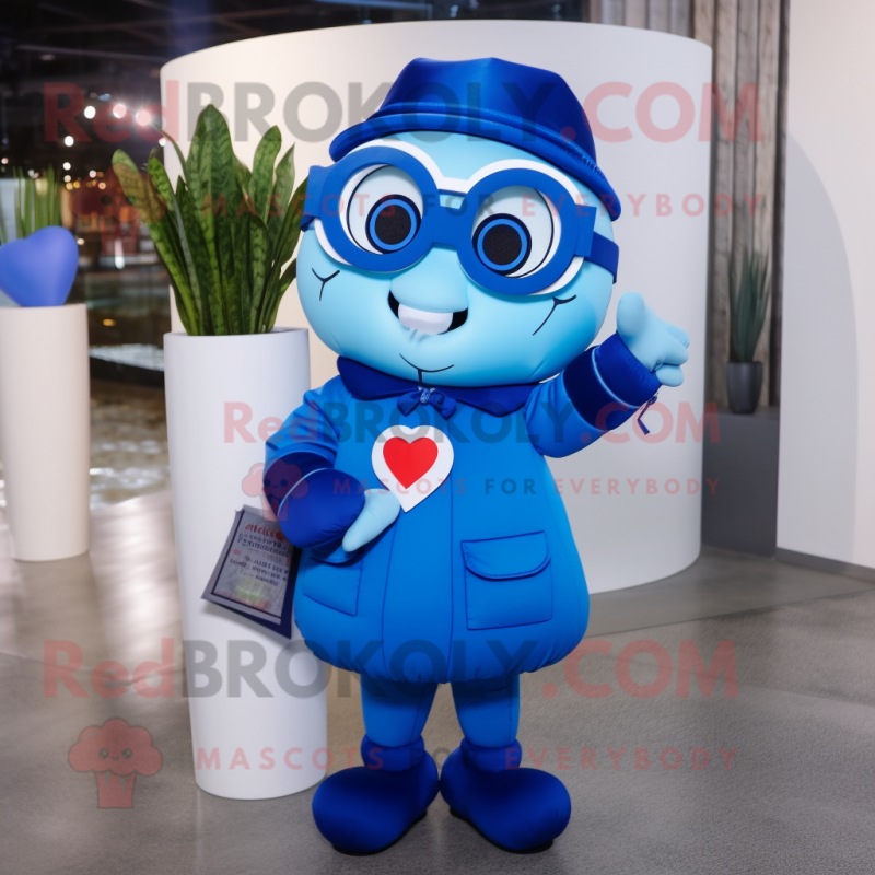 Blue Love Letter mascot costume character dressed with a Bomber Jacket and Eyeglasses