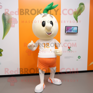 Cream Carrot mascot costume character dressed with a Running Shorts and Smartwatches