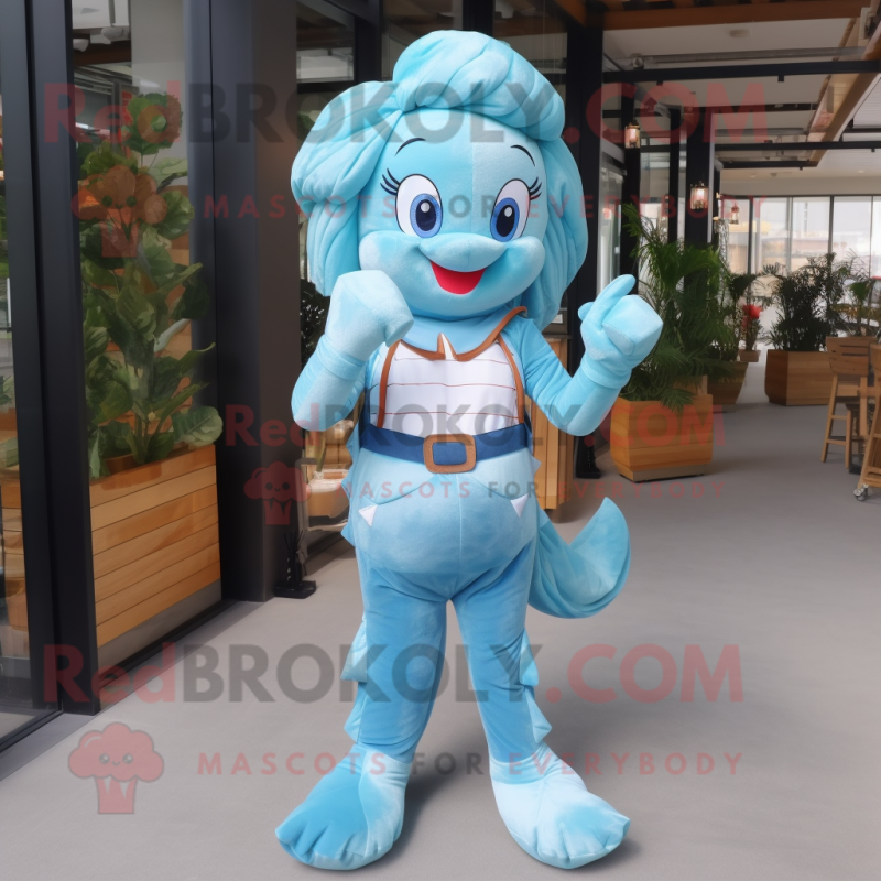 Sky Blue Mermaid mascot costume character dressed with a Overalls and Belts