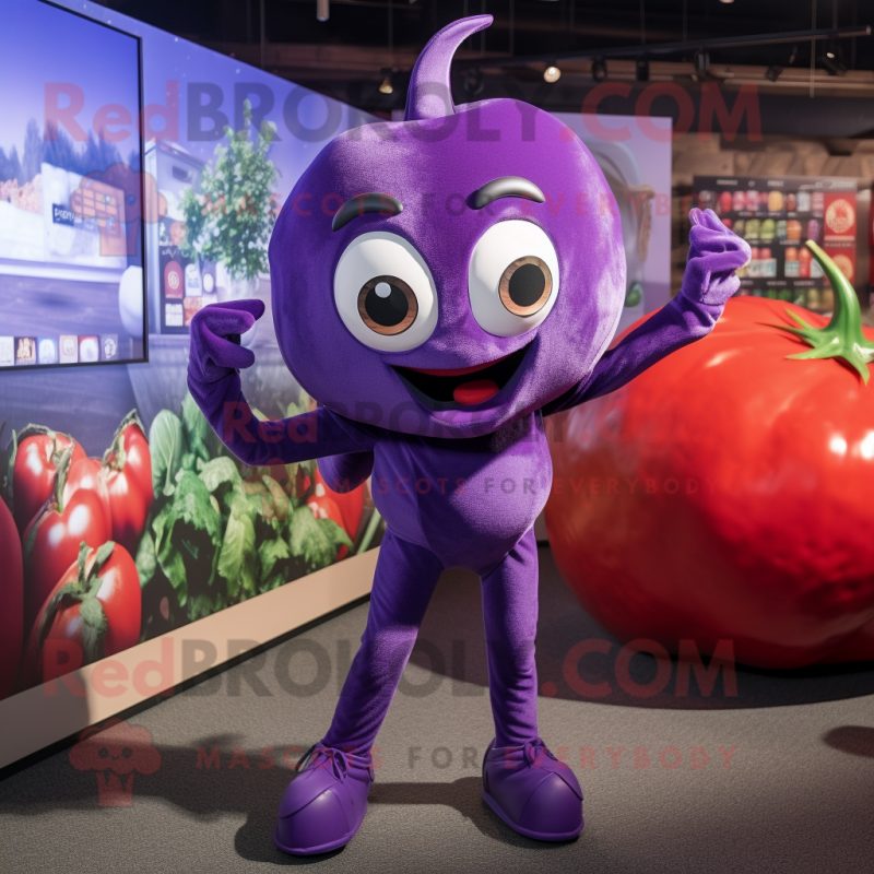 Purple Tomato mascot costume character dressed with a Leggings and Necklaces
