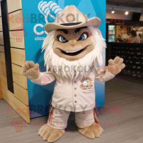Beige Ceviche mascot costume character dressed with a Henley Shirt and Hair clips