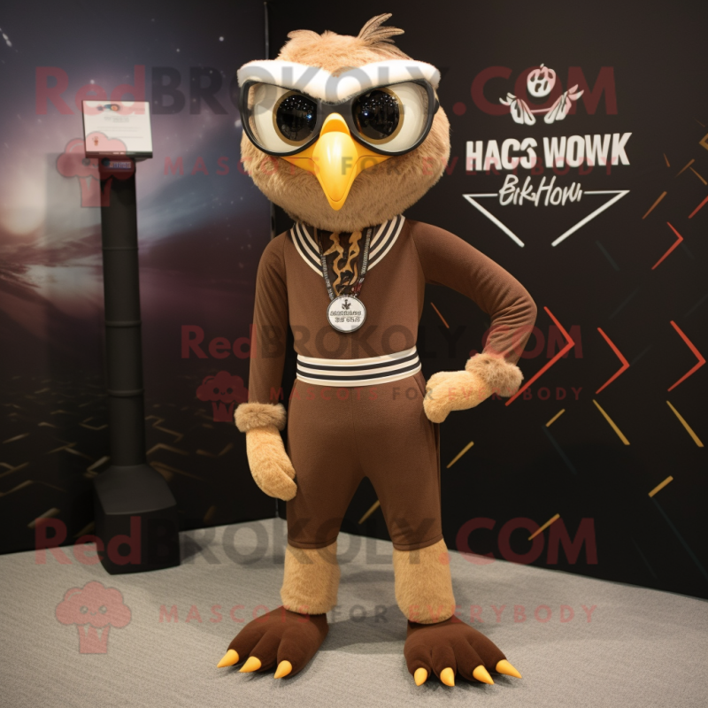 Brown Hawk mascot costume character dressed with a Yoga Pants and Eyeglasses