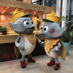 Gray Fish Tacos mascot costume character dressed with a Corduroy Pants and Watches