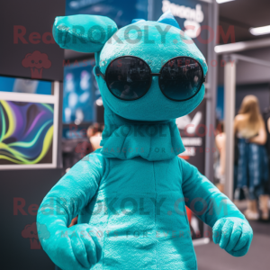 Turquoise Loch Ness Monster mascot costume character dressed with a Bodysuit and Sunglasses