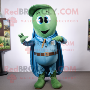 Blue Green Bean mascot costume character dressed with a Overalls and Shawl pins