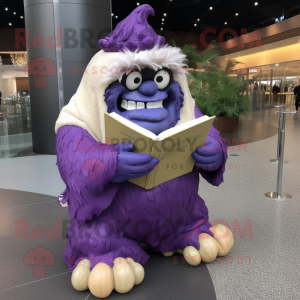 Purple Ogre mascot costume character dressed with a Raincoat and Reading glasses