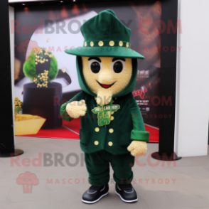 Forest Green Pop Corn mascot costume character dressed with a Vest and Berets