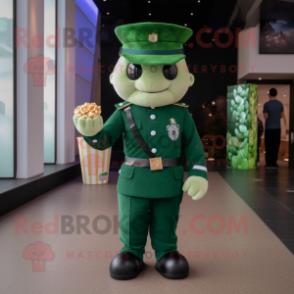 Forest Green Pop Corn mascot costume character dressed with a Vest and Berets