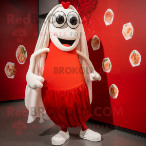 Red Shakshuka mascot costume character dressed with a Wedding Dress and Shoe laces