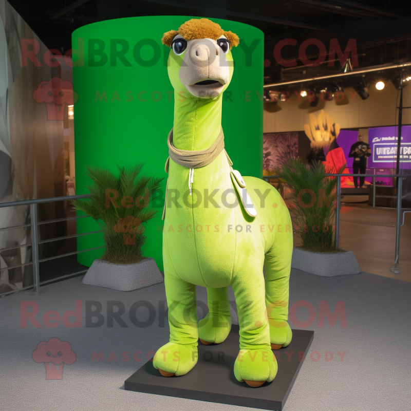 Lime Green Camel mascot costume character dressed with a Bootcut Jeans and Shoe laces