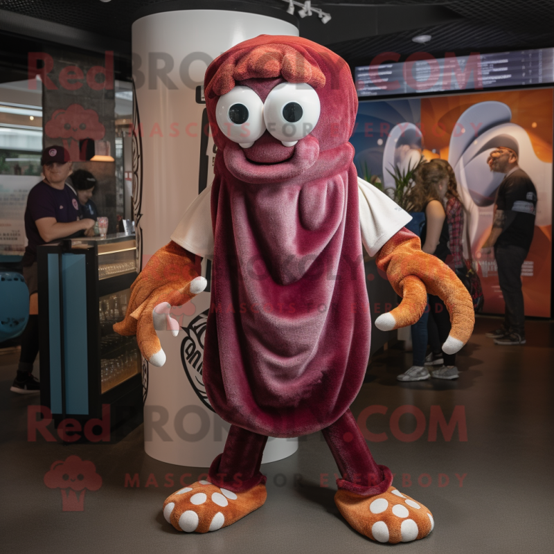 Maroon Fried Calamari mascot costume character dressed with a Rugby Shirt and Headbands