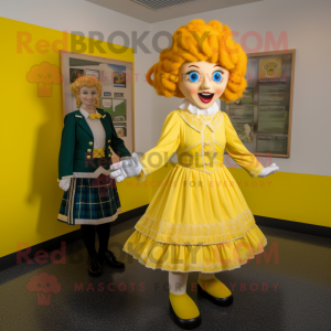 Yellow Irish Dancer mascot costume character dressed with a Dress and Pocket squares