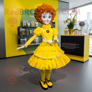 Yellow Irish Dancer mascot costume character dressed with a Dress and Pocket squares
