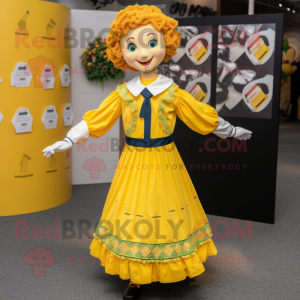 Yellow Irish Dancer mascot costume character dressed with a Dress and Pocket squares