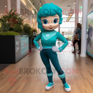 Teal Irish Dancer mascot costume character dressed with a Yoga Pants and Shoe laces