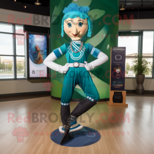Teal Irish Dancer mascot costume character dressed with a Yoga Pants and Shoe laces