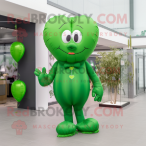 Green Heart Shaped Balloons mascot costume character dressed with a Jumpsuit and Shoe laces