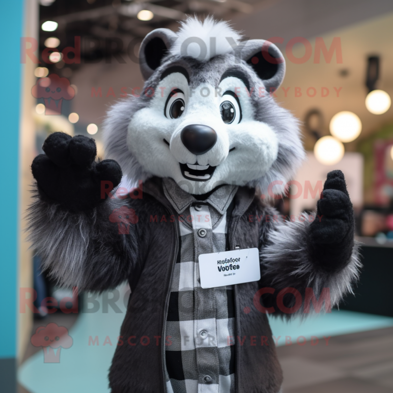 Gray Skunk mascot costume character dressed with a Button-Up Shirt and Mittens