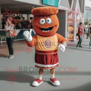 Rust Hamburger mascot costume character dressed with a Bermuda Shorts and Bracelet watches