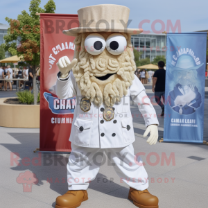 Cream Fried Calamari mascot costume character dressed with a Chambray Shirt and Lapel pins