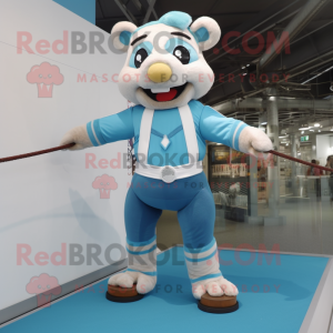 Cyan Tightrope Walker mascot costume character dressed with a Rugby Shirt and Belts