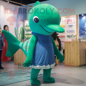 Forest Green Blue Whale mascot costume character dressed with a Pencil Skirt and Belts