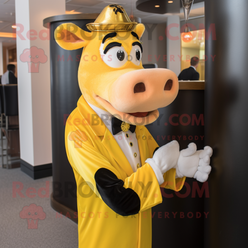 Yellow Guernsey Cow mascot costume character dressed with a Tuxedo and Bracelets