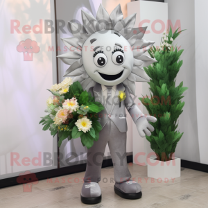Silver Bouquet Of Flowers mascot costume character dressed with a Trousers and Pocket squares