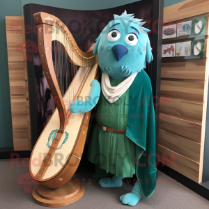 Turquoise Celtic Harp mascot costume character dressed with a Poplin Shirt and Lapel pins