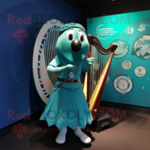 Turquoise Celtic Harp mascot costume character dressed with a Poplin Shirt and Lapel pins