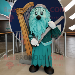 Turquoise Celtic Harp mascot costume character dressed with a Poplin Shirt and Lapel pins