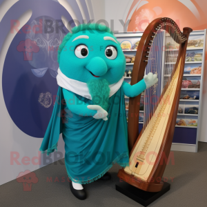 Turquoise Celtic Harp mascot costume character dressed with a Poplin Shirt and Lapel pins