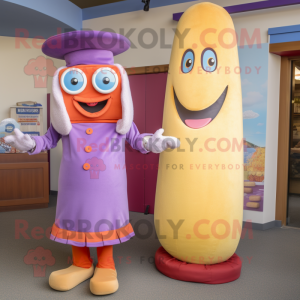 Lavender Hot Dog mascot costume character dressed with a Pencil Skirt and Hat pins