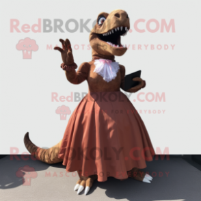 Brown T Rex mascot costume character dressed with a Ball Gown and Shoe clips