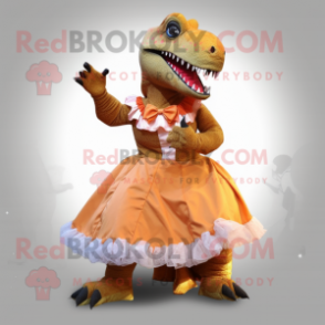 Brown T Rex mascot costume character dressed with a Ball Gown and Shoe clips