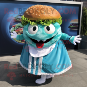 Cyan Pulled Pork Sandwich mascot costume character dressed with a Circle Skirt and Wraps