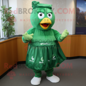 Forest Green Butter Chicken mascot costume character dressed with a Skirt and Caps