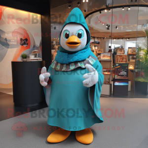 Teal Shakshuka mascot costume character dressed with a Coat and Wraps