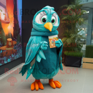 Teal Shakshuka mascot costume character dressed with a Coat and Wraps