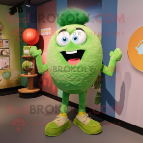 Lime Green Meatballs mascot costume character dressed with a Denim Shorts and Tie pins