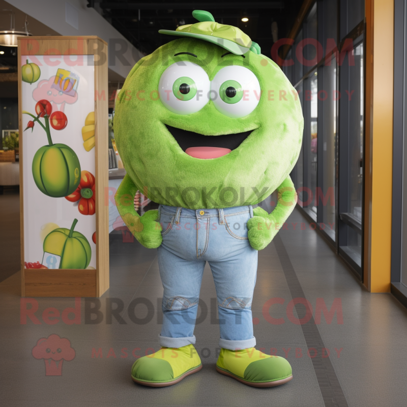 Lime Green Meatballs mascot costume character dressed with a Denim Shorts and Tie pins