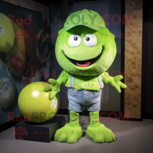 Lime Green Meatballs mascot costume character dressed with a Denim Shorts and Tie pins