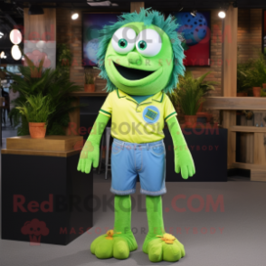 Lime Green Meatballs mascot costume character dressed with a Denim Shorts and Tie pins