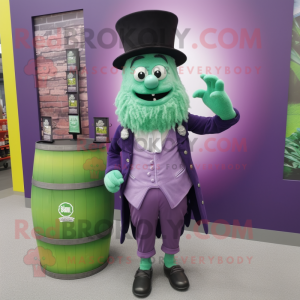 Purple Green Beer mascot costume character dressed with a Trousers and Brooches